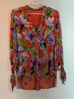 Alice + Olivia Orange Floral V-Neck Sheer Blouse with Purple Flowers